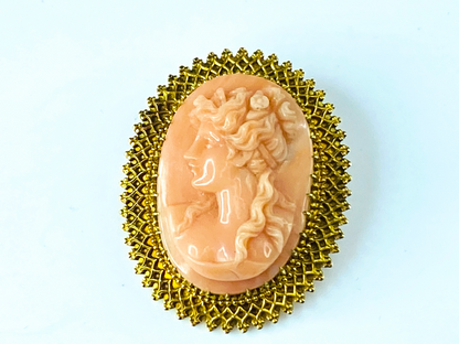 18K gold Filigree Design Woman's Profile Coral Cameo Pendant brooch