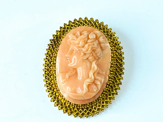 18K gold Filigree Design Woman's Profile Coral Cameo Pendant brooch