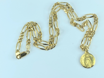 14K Figaro chain 18K Notre Dame  Dcar Priez Pour Nous pendant 31.2g 20"