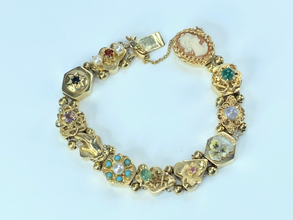 14K gemstones Enamel Pearls Cat eye Cameo sliding charm bracelet