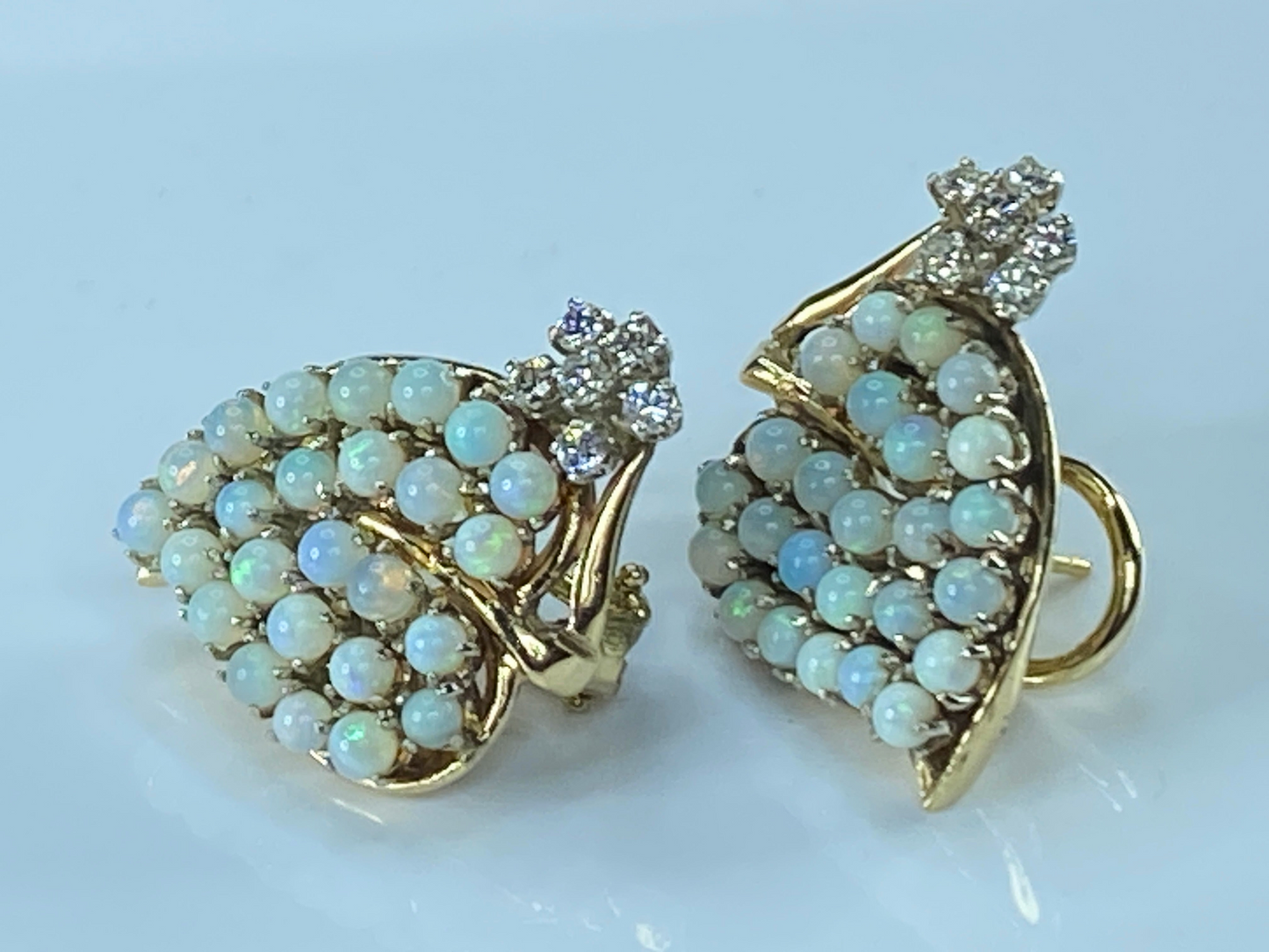 14K Gold 2.5mm Opal Diamond Foliage design Omega clip earrings 13.7g