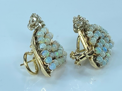 14K Gold 2.5mm Opal Diamond Foliage design Omega clip earrings 13.7g