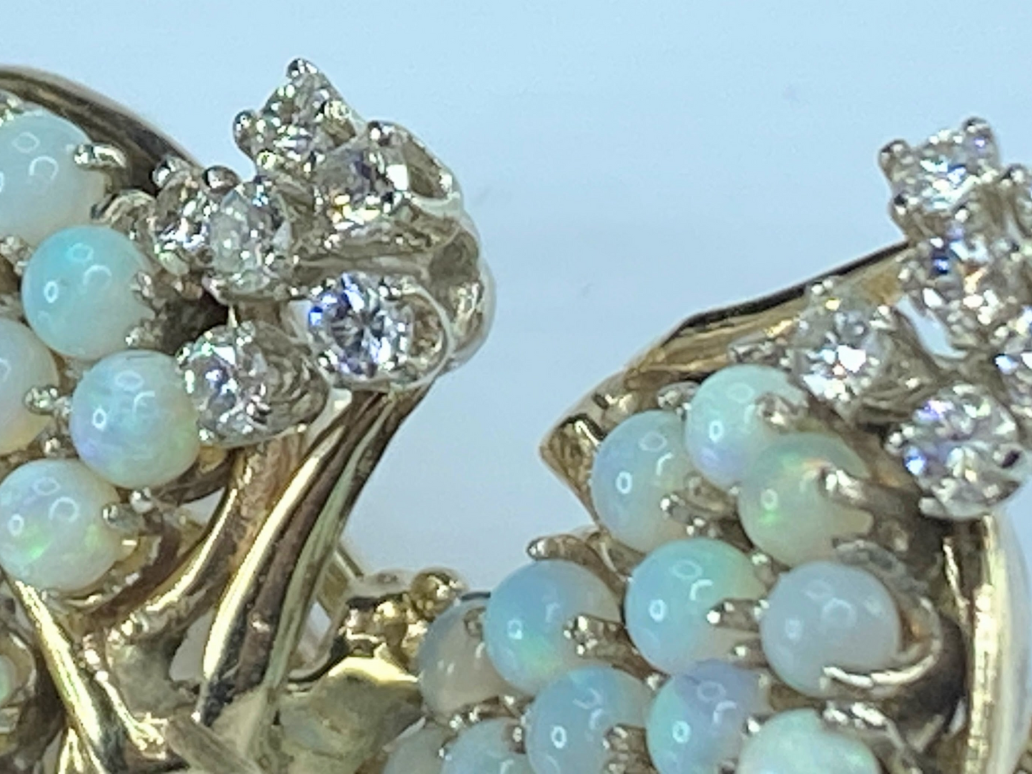 14K Gold 2.5mm Opal Diamond Foliage design Omega clip earrings 13.7g