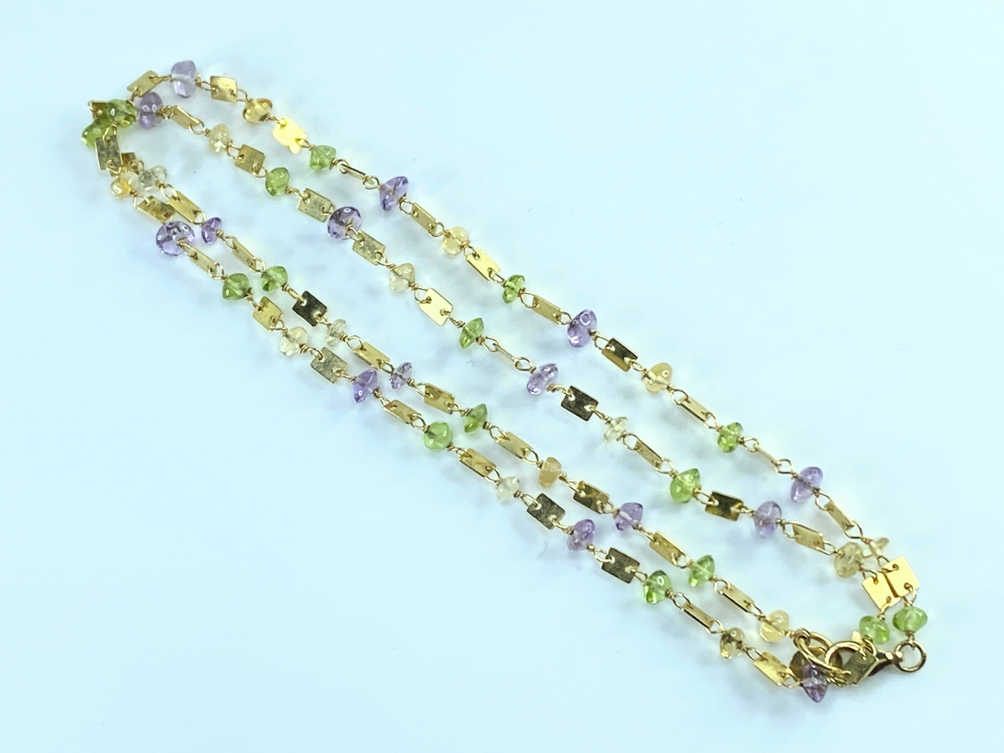 18K gold gemstone stones rectangular gold link necklace