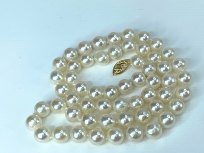 14K gold 7.0mm round White cultured pearl necklace 18" 31.4gm