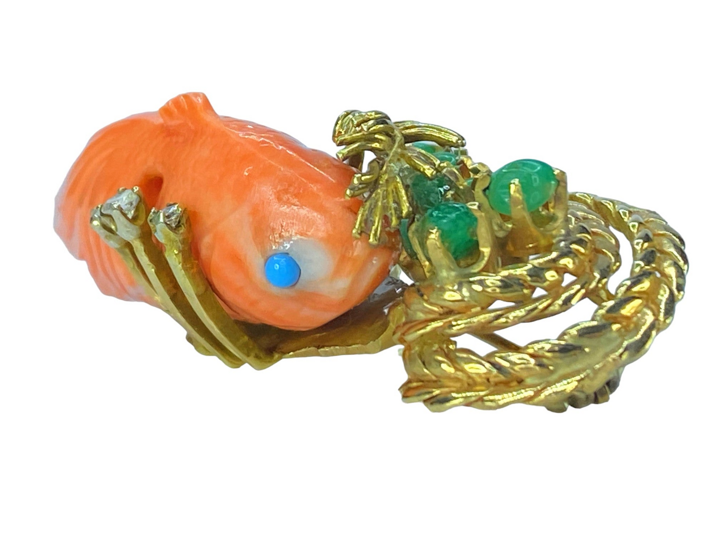 14k gold Coral fish Jade diamond turquoise brooch