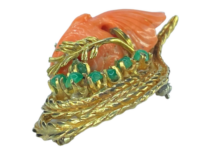 14k gold Coral fish Jade diamond turquoise brooch