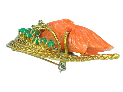 14k gold Coral fish Jade diamond turquoise brooch