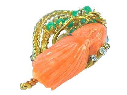 14k gold Coral fish Jade diamond turquoise brooch