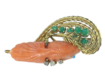 14k gold Coral fish Jade diamond turquoise brooch