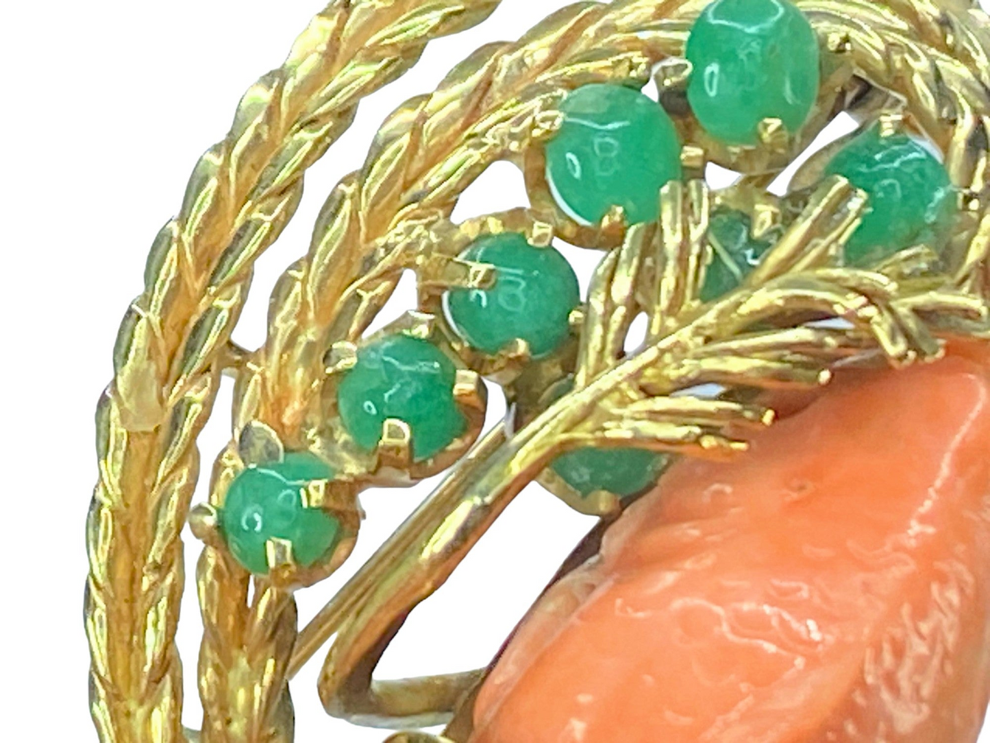 14k gold Coral fish Jade diamond turquoise brooch