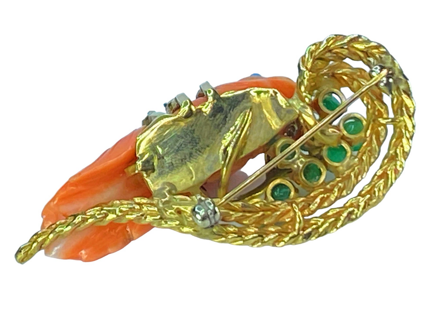 14k gold Coral fish Jade diamond turquoise brooch