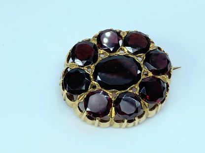 14K gold Czech Garnet Floral design mid century brooch