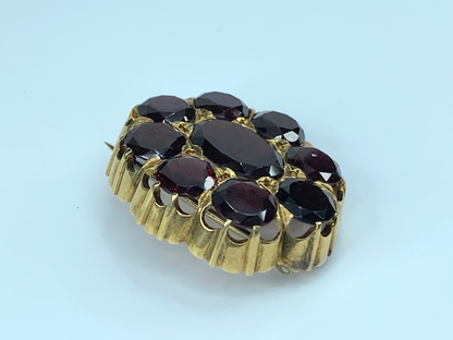 14K gold Czech Garnet Floral design mid century brooch