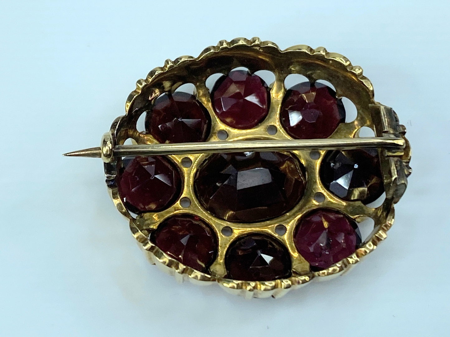 14K gold Czech Garnet Floral design mid century brooch