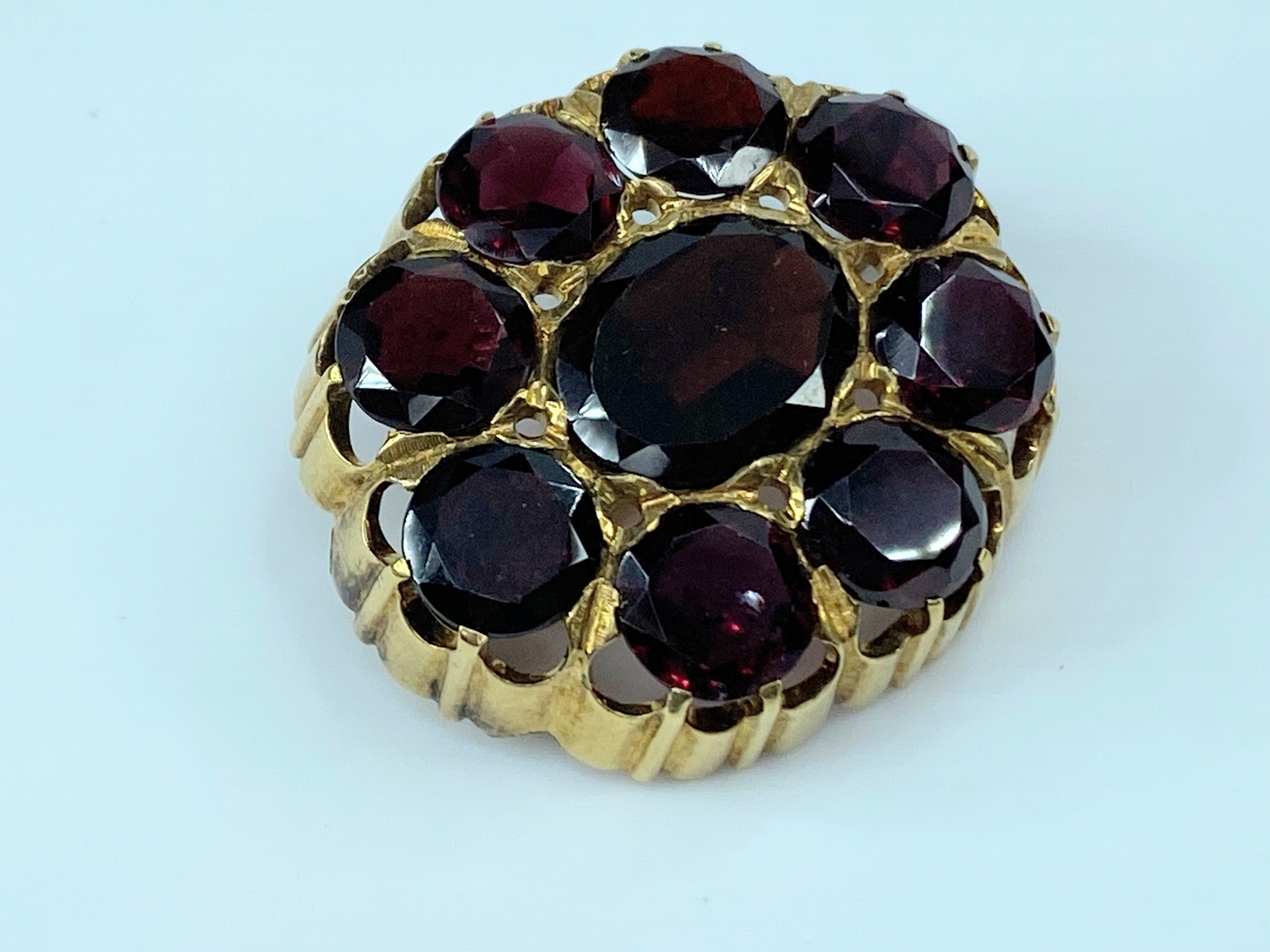 14K gold Czech Garnet Floral design mid century brooch