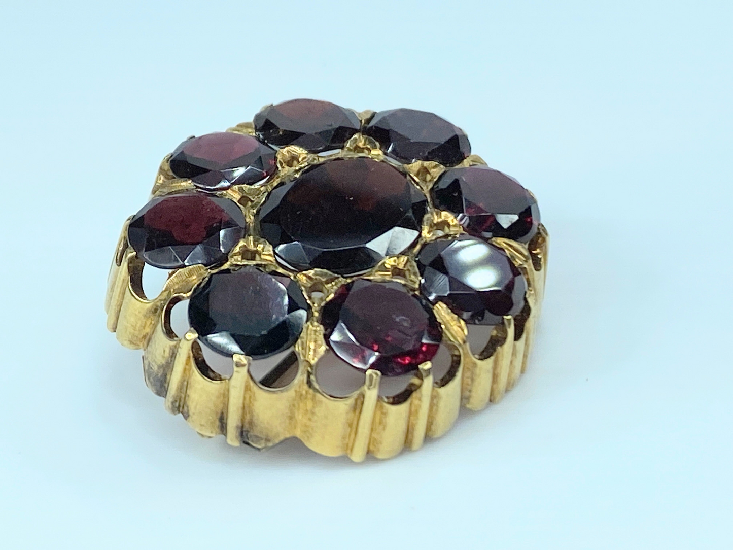 14K gold Czech Garnet Floral design mid century brooch