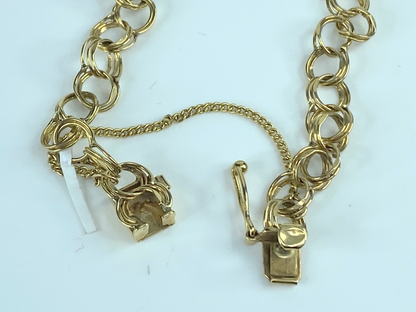 14K yellow gold 7.36mm double link charm bracelet starter 7.4gm 7.5"