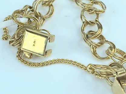 14K yellow gold 7.36mm double link charm bracelet starter 7.4gm 7.5"