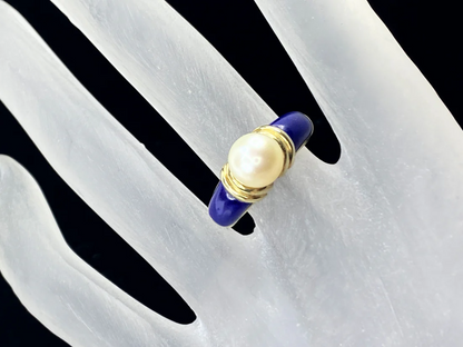 14K yellow gold 8.3mm Akoya Pearl Lapis ring s7.5 6g JR8887