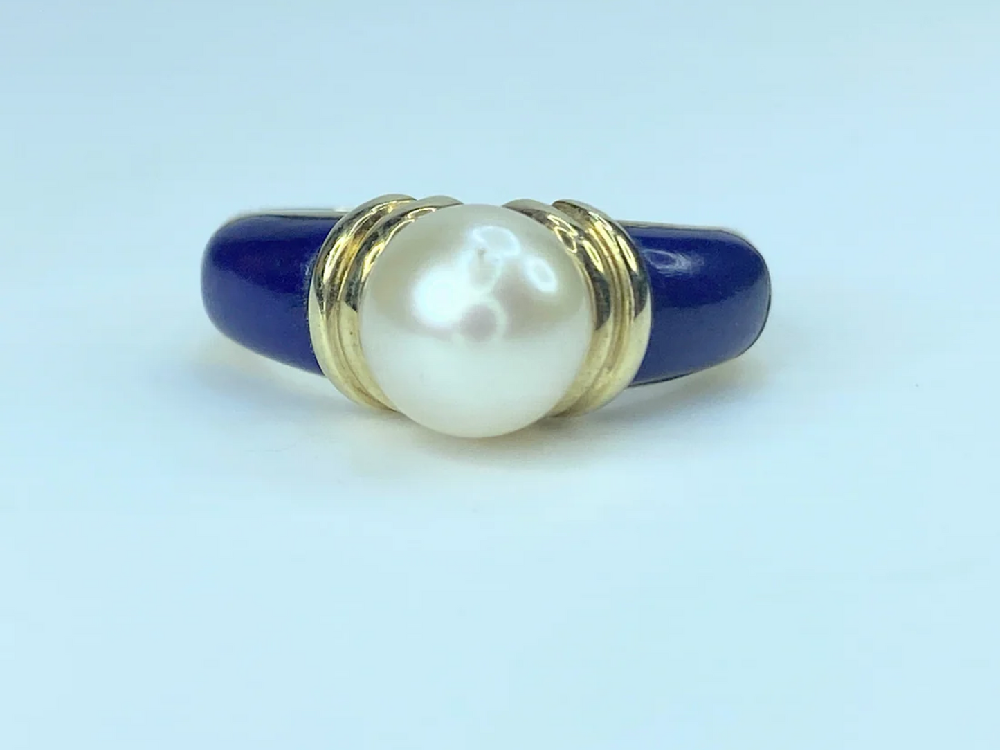 14K yellow gold 8.3mm Akoya Pearl Lapis ring s7.5 6g JR8887