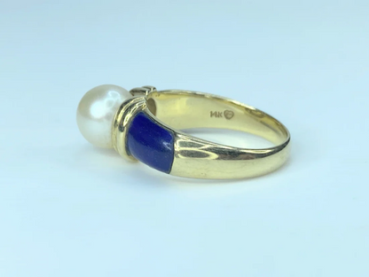 14K yellow gold 8.3mm Akoya Pearl Lapis ring s7.5 6g JR8887