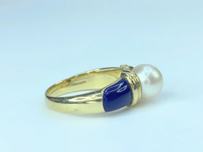 14K yellow gold 8.3mm Akoya Pearl Lapis ring s7.5 6g JR8887