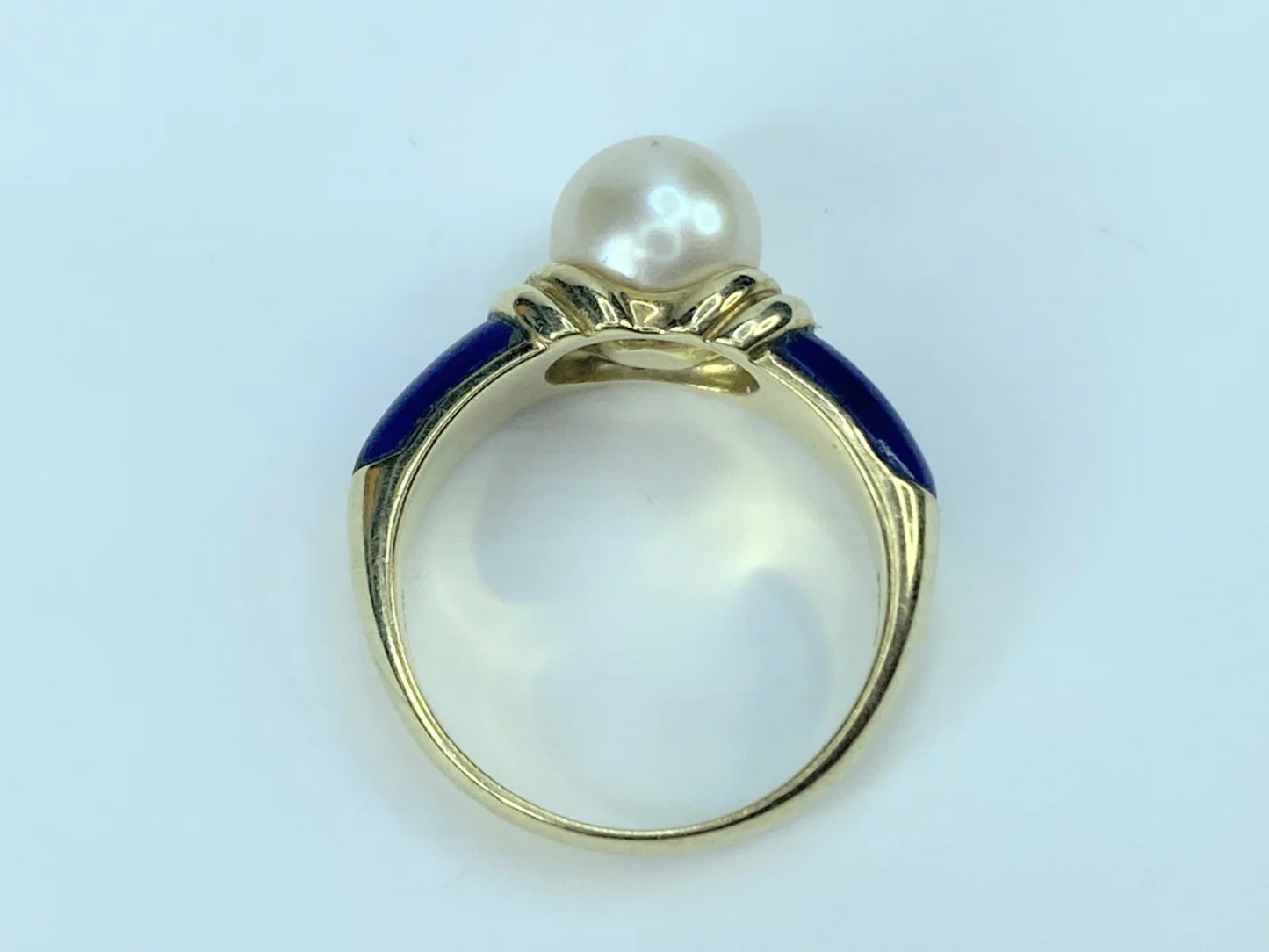 14K yellow gold 8.3mm Akoya Pearl Lapis ring s7.5 6g JR8887