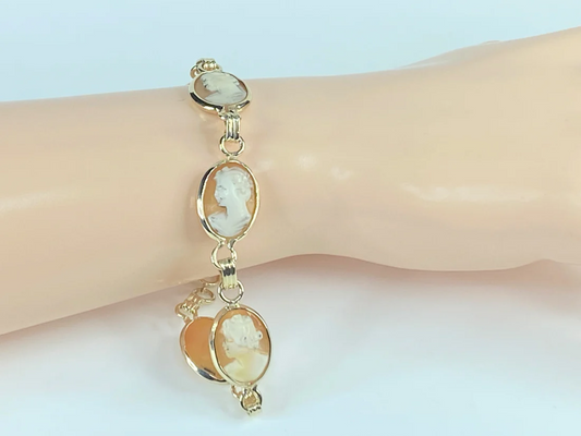 14K yellow gold handmade Shell Cameo link bracelet 13.7gm 8"