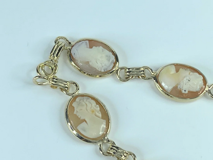 14K yellow gold handmade Shell Cameo link bracelet 13.7gm 8"