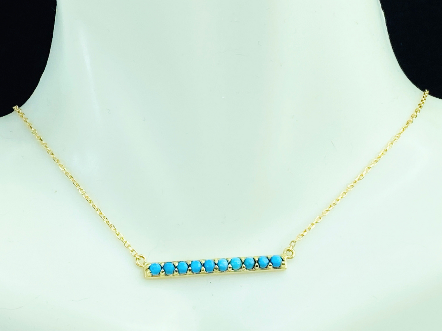 14K Yellow Gold Sleeping Beauty Turquoise cabochon Bar Pendant Necklace