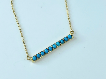 14K Yellow Gold Sleeping Beauty Turquoise cabochon Bar Pendant Necklace