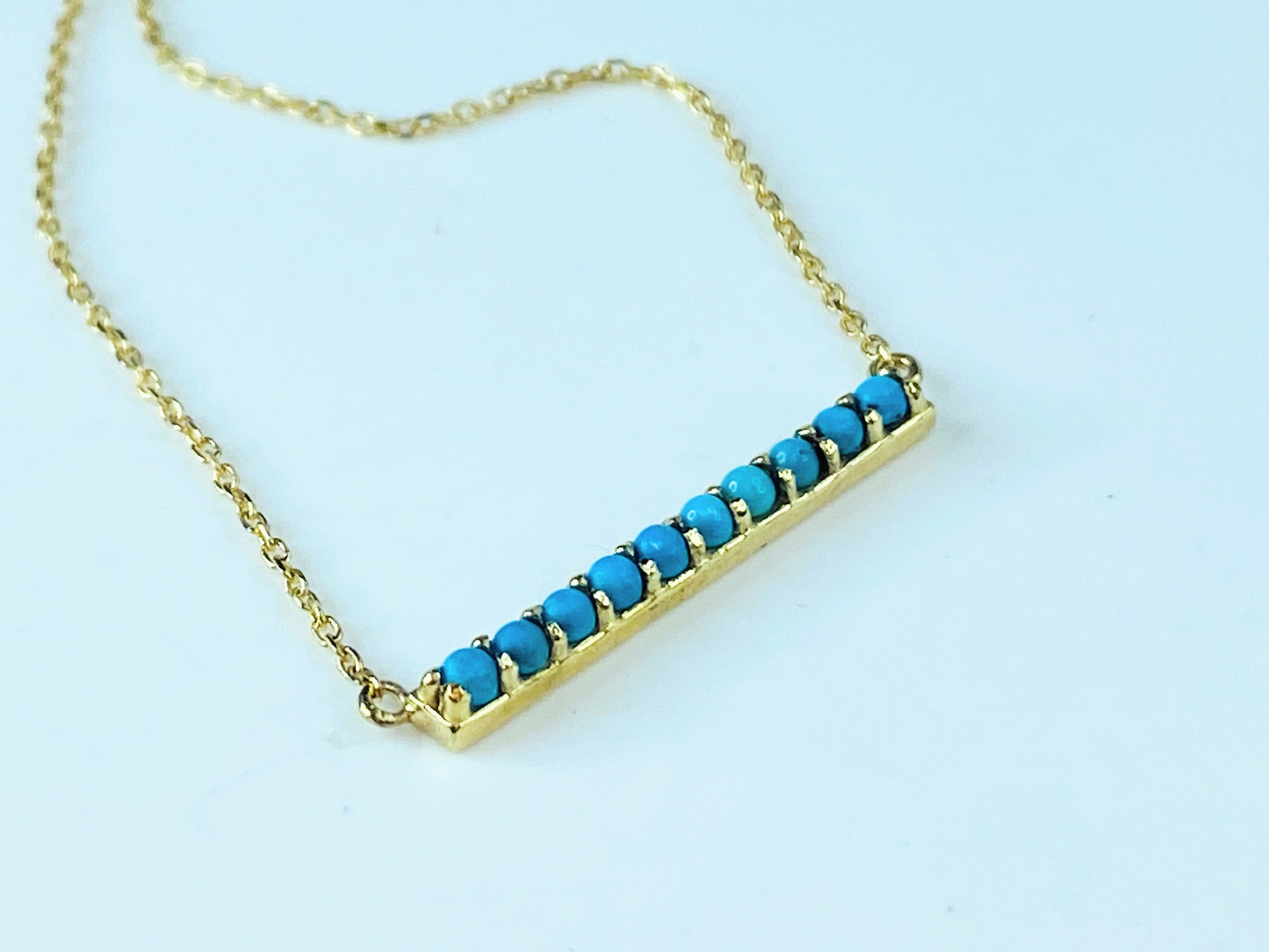 14K Yellow Gold Sleeping Beauty Turquoise cabochon Bar Pendant Necklace