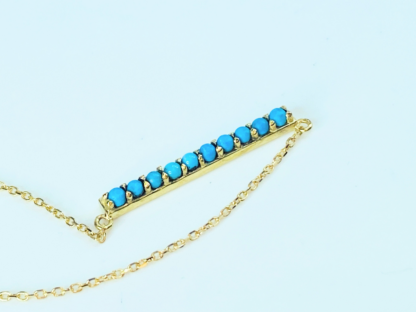 14K Yellow Gold Sleeping Beauty Turquoise cabochon Bar Pendant Necklace