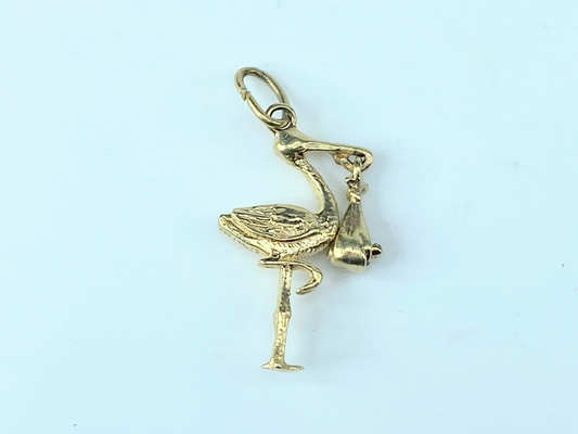 14K Yellow Gold Stork with Baby Charm Pendant 1" 2.1g JR8843