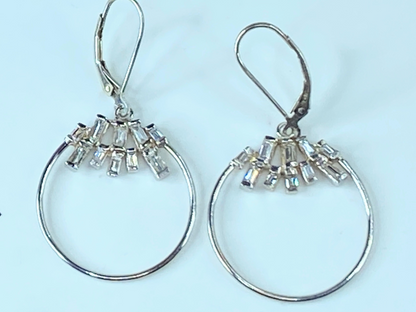 18 karat straight Baguette Diamond modernist dangle hoop earrings