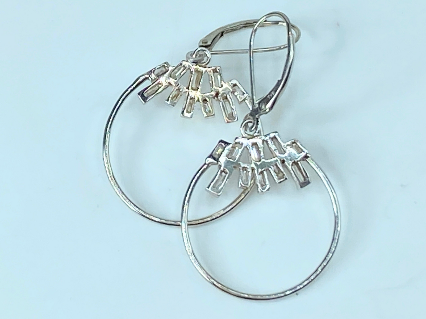 18 karat straight Baguette Diamond modernist dangle hoop earrings