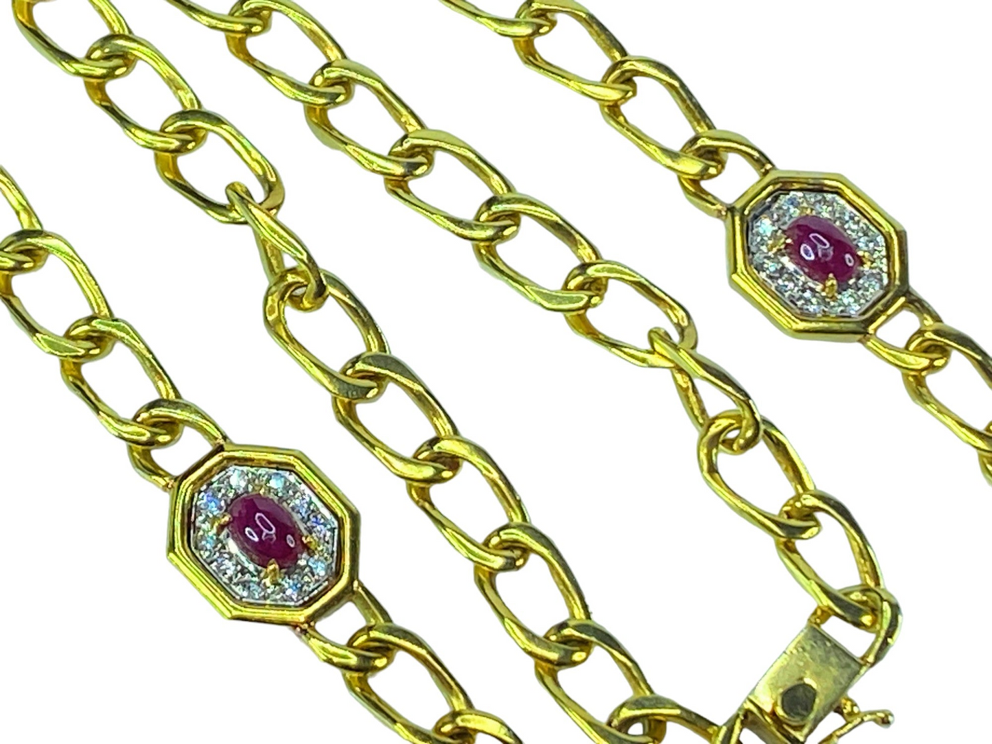 18K 2.4ctw Ruby Cabochon 0.9ctw G/VS2 Diamond station link necklace