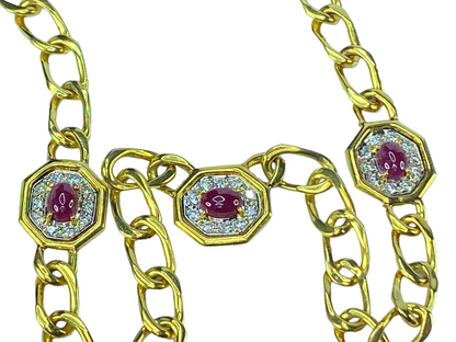 18K 2.4ctw Ruby Cabochon 0.9ctw G/VS2 Diamond station link necklace