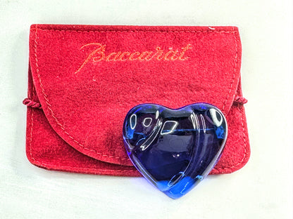 Vintage Baccarat Blue Crystal Heart Brooch France Glass Pin w Pouch GS791