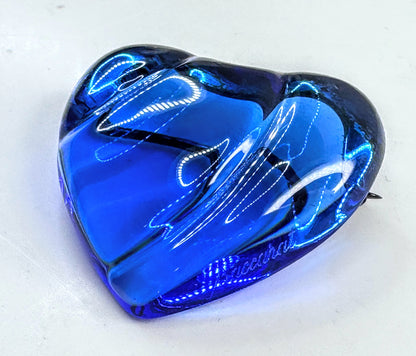 Vintage Baccarat Blue Crystal Heart Brooch France Glass Pin w Pouch GS791