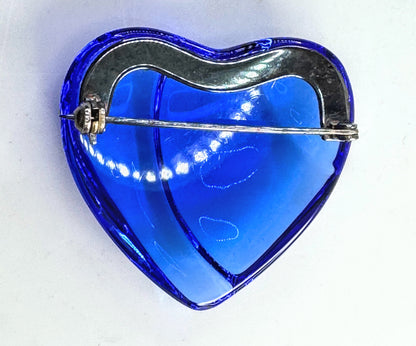 Vintage Baccarat Blue Crystal Heart Brooch France Glass Pin w Pouch GS791