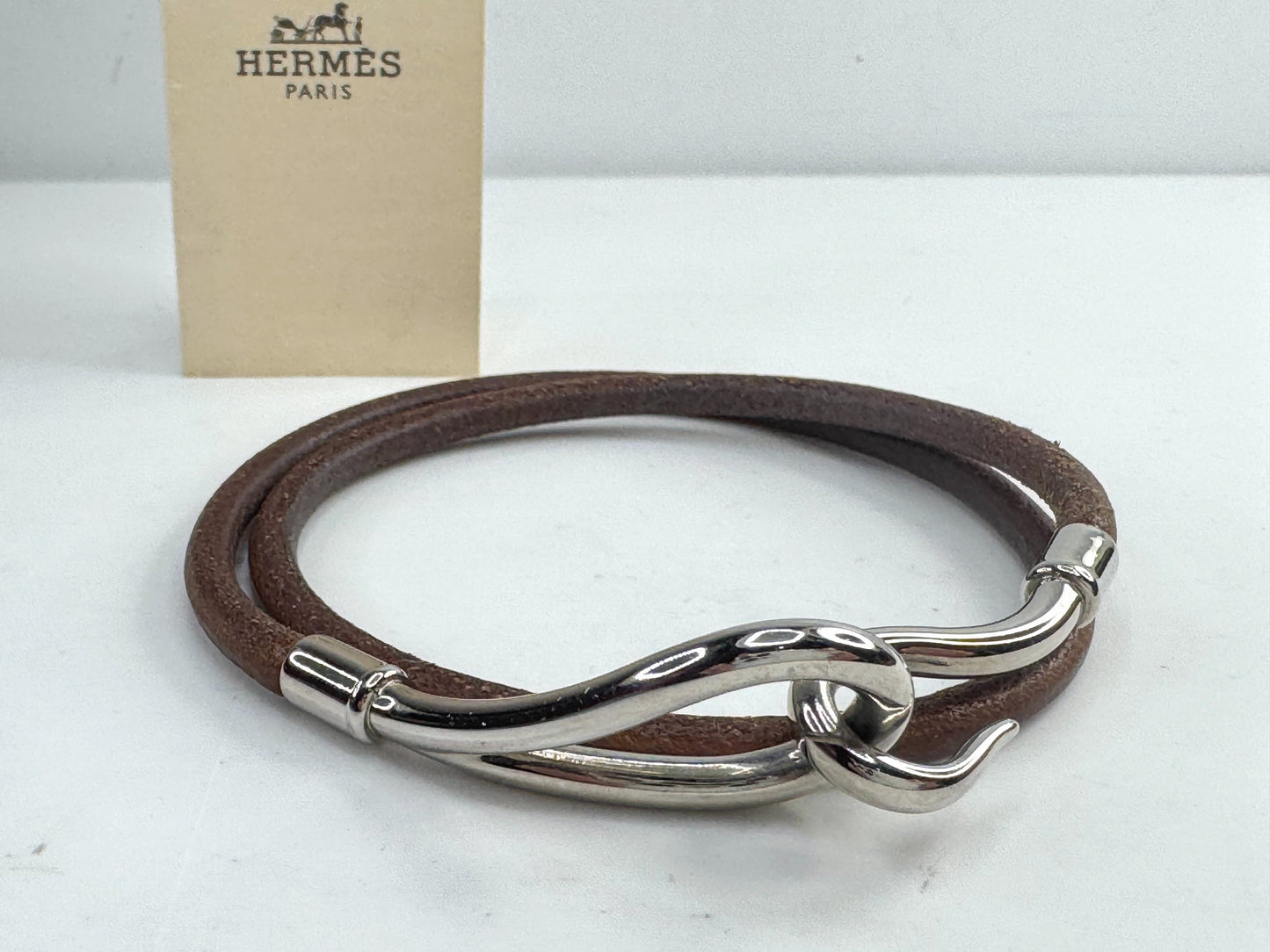 Vintage Hermès Jumbo Hook Leather Bracelet Palladium Brown GS794