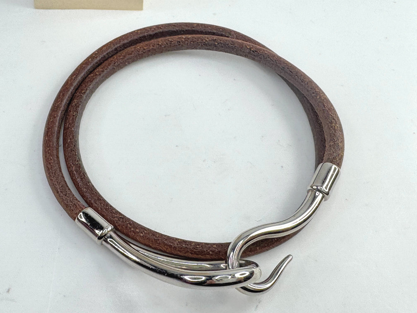 Vintage Hermès Jumbo Hook Leather Bracelet Palladium Brown GS794