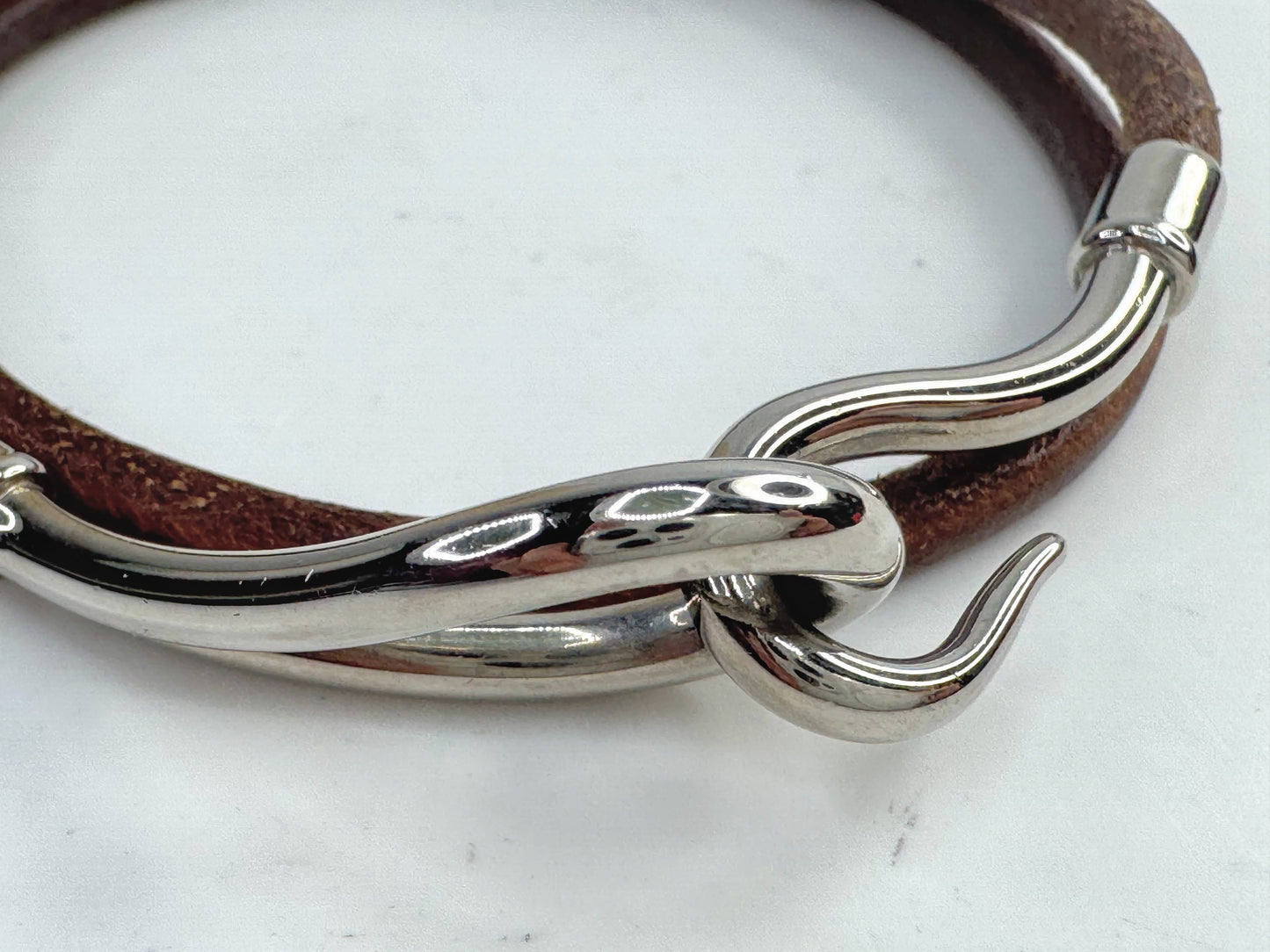 Vintage Hermès Jumbo Hook Leather Bracelet Palladium Brown GS794