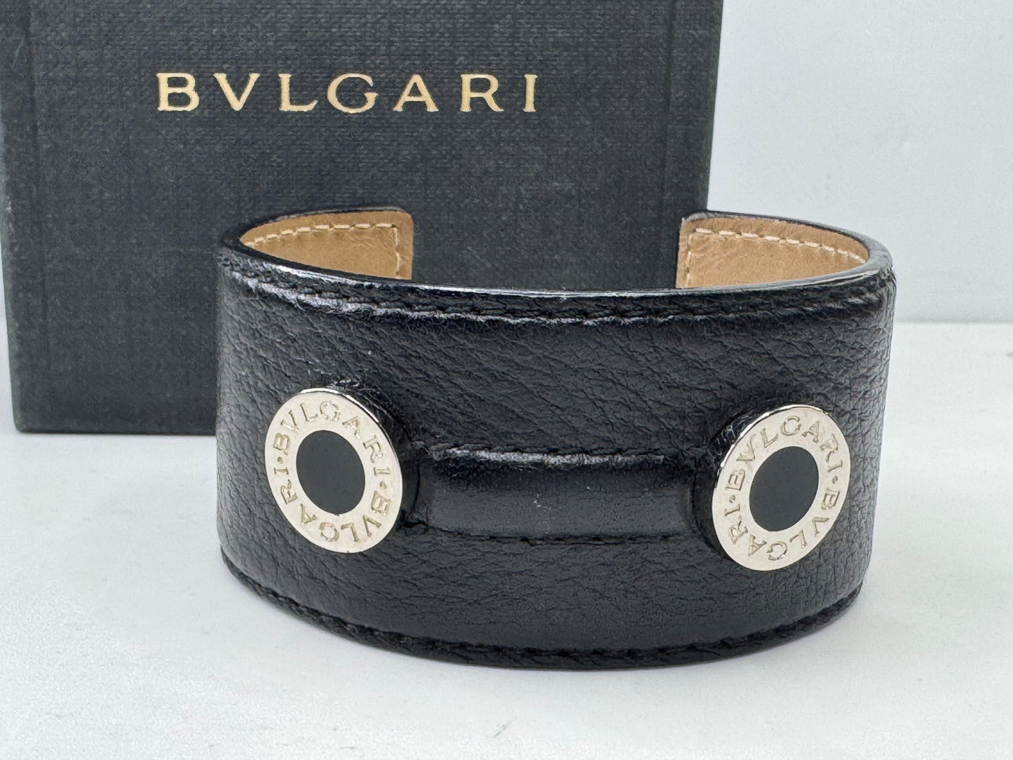 Vintage BVLGARI Leather Cuff Bracelet Sterling Silver Logo Discs Black GS596
