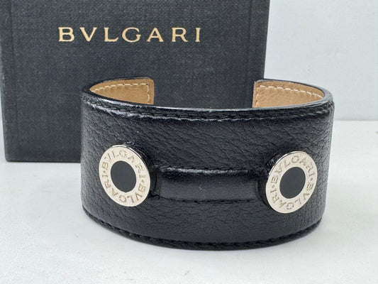 Vintage BVLGARI Leather Cuff Bracelet Sterling Silver Logo Discs Black GS596