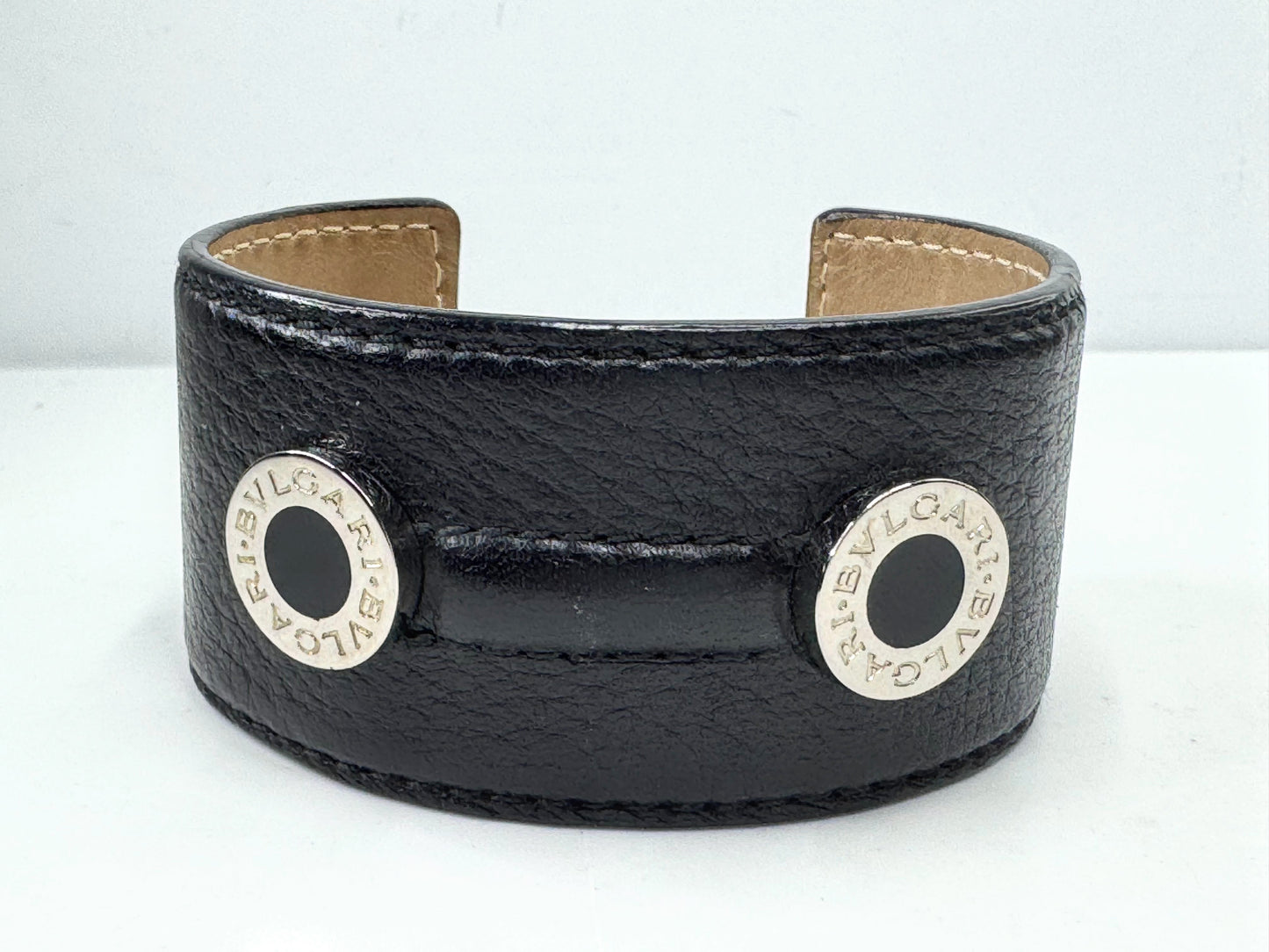 Vintage BVLGARI Leather Cuff Bracelet Sterling Silver Logo Discs Black GS596