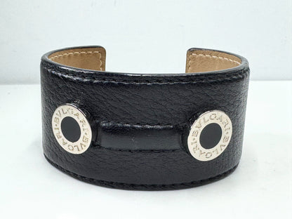 Vintage BVLGARI Leather Cuff Bracelet Sterling Silver Logo Discs Black GS596