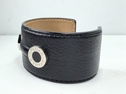 Vintage BVLGARI Leather Cuff Bracelet Sterling Silver Logo Discs Black GS596